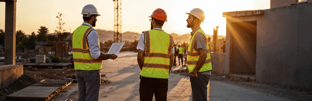 Men on a construction site looking at the buildings